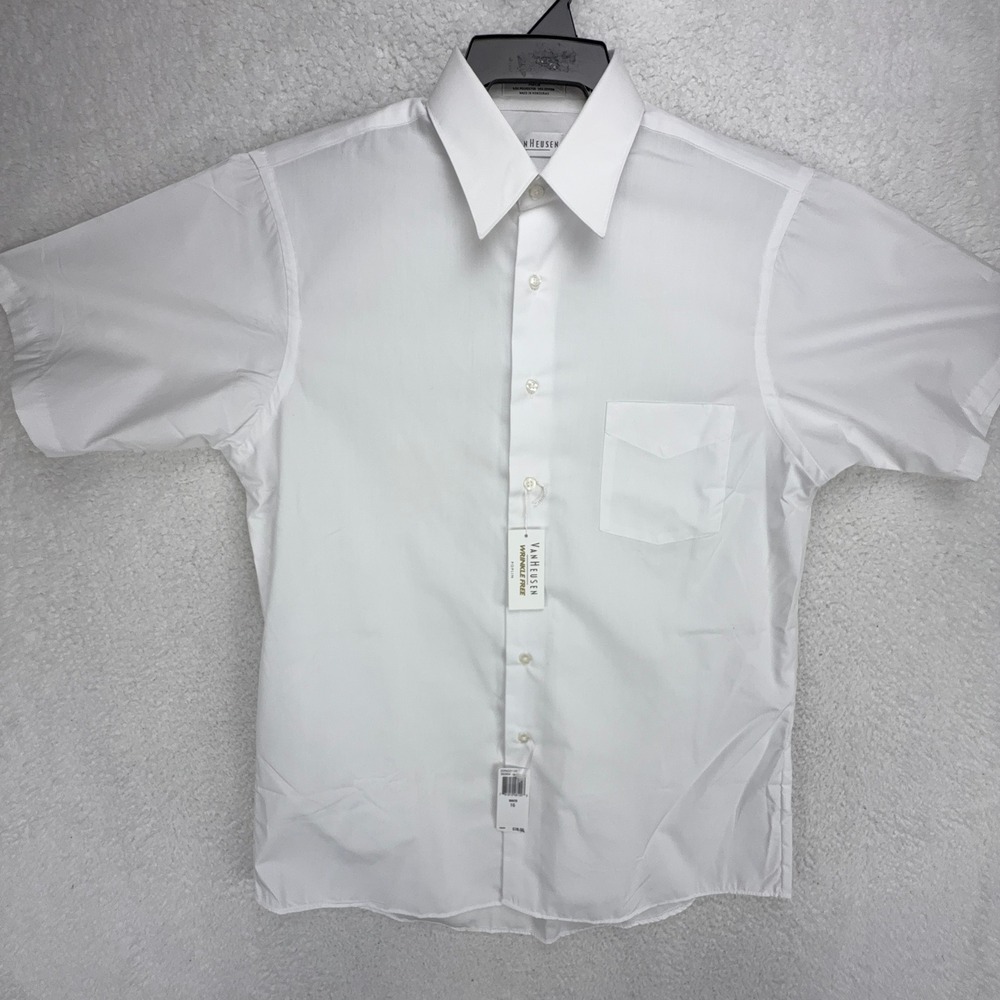 Van Heusen Mens Wrinkle Free Poplin Dress Shirt White Short Sleeve Size 16 Large